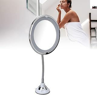Magnifying Mirror with Light, 8 Inch Suction Cup Makeup Mirror with LED White Light 10X Magnify Suction Cup Cosmetic Mirrors Flexible Gooseneck Mirrors for Bathroom Shaving Travel Vanity Make Up