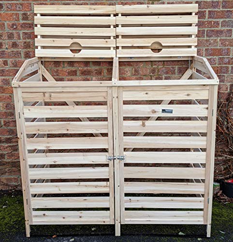 Double Wheelie Bin Storage Store Bi-Fold Roof Natural Colour Garbage Cover Garden Shed Tidy Hide Trash Can Outdoor Twin Dustbin Slatted Hideaway for up to 240L Bins / 65G Cans