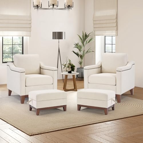 Image of HAOMARKETS 4 Piece Chenille Sofa Set with Nailhead Trim, Included 2 Comfy Accent Chair with Thicked Cushion and 2 Upholstered Storage Ottoman with Flip-Top Table, Living Room Furniture Set,Beige