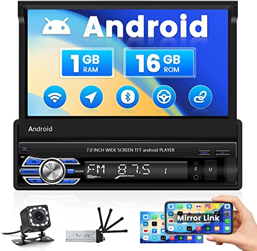 Hikity Android Autoradio 1 Din GPS 7 Pouces Écran Tactile Flip Out Poste Radio Voiture Bluetooth Soutien GPS WiFi Radio FM RDS Radio Lien Miroir USB + Caméra de Recul