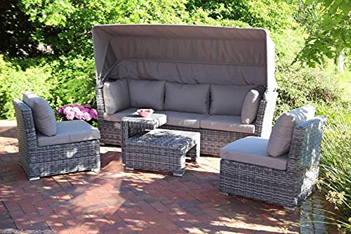 Beauty.Scouts 5-TLG. Loungesofaset Bali Rattan grau Polyrattan inkl. Polster Taupe mit Sonnendach Gartenpolster Loungemöbel Gartenlounge wetterfest
