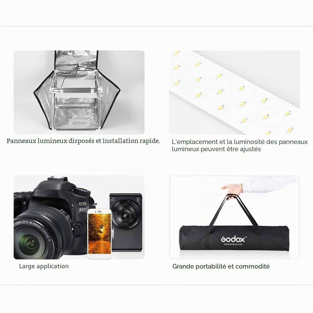 Godox LST80 - Mini boîte à lumière LED pour studio photo - 80 x 80 x 80 cm - Avec 3 LED - 5800 carats - IRC 96 + puissance 60 W - Pour macro et produit photographique