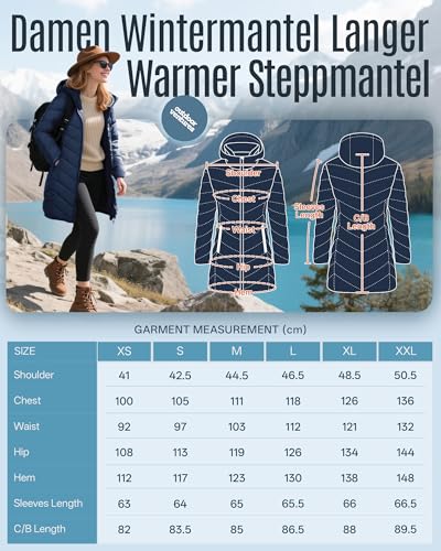 Outdoor Ventures Damen Wintermantel Langer Warmer Steppmantel Leicht Parka Wasserdicht Winterjacke mit Kapuze Funktionsjacke Übergangsjacke Schwarzblau XL