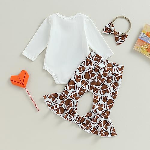 BULINGNA 3Pcs Infant Baby Girl Football Season Outfits Love Bodysuit Romper Heart Shape Football Flared Pants with Headband3