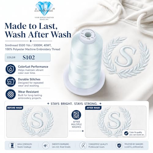 Image of Simthread 5000M 40WT Polyester Embroidery Thread, Whisper Gray S102 | 5000M 40WT polyester thread feeds smoothly for machine embroidery, monograms, logos, patches and quilting.