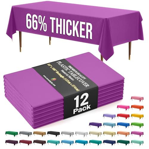 Exquisite 66% Thicker Premium Plastic Table Cloth Rectangle Table Cover 0.5 Mil 12 Pack Magenta Table Cloth 54 Inch x 108 Inch Disposable Tablecloth Won't Tear Easily Like Cheap Thin Brands