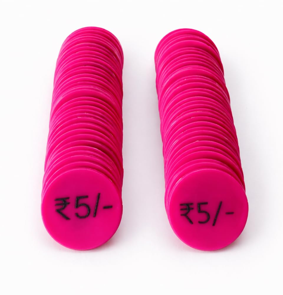 MOREL Pink Plastic Round Shape 5RS Token Coin, Chips for Shop, Restaurants CANTIN, Milk-Dairy |Total - 100 Coins Poker Rummy Token Coins.