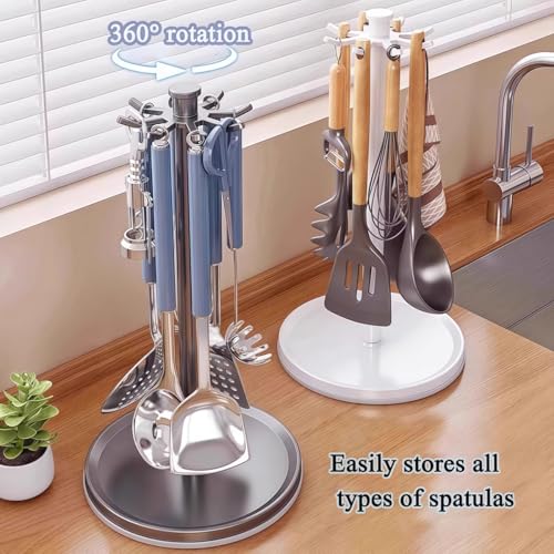 Portautensili in alluminio, 44,5 cm, verticale, con rotazione a 360°, 8 ganci, organizer per appendere la cucina, spatola, cucchiaio (bianco) - immagine 5