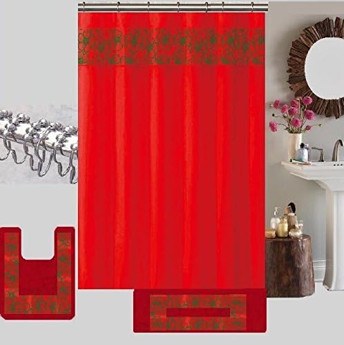 BH Home & Linen 15 Piece Floral Embroidery Banded Bath Set 1 Large Bat Mat 1 Contour Mat 12 Pc Metal Roller Ball Shower Hooks (Orange)
