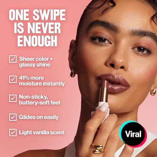 REVLON Super Lustrous Glass Shine Balm, Hydrating Tinted Lip Balm with Hyaluronic Acid, Aloe & Rose Quartz, Light-Medium Coral Lipstick, NEW Shade, 019 Dewy Peach, 0.11 oz