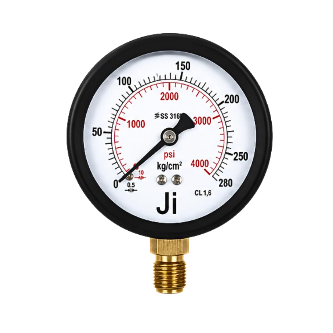 "Ji" Japsin Instrumentation Commercial Pressure Gauge, 2 1/2" Dial, Range 0-280 Kg/Cm² with dual scale of 4000 PSI, Direct Mounting Bottom Entry, 1/4" BSP Connection, MS Case & Brass Internals-image-36