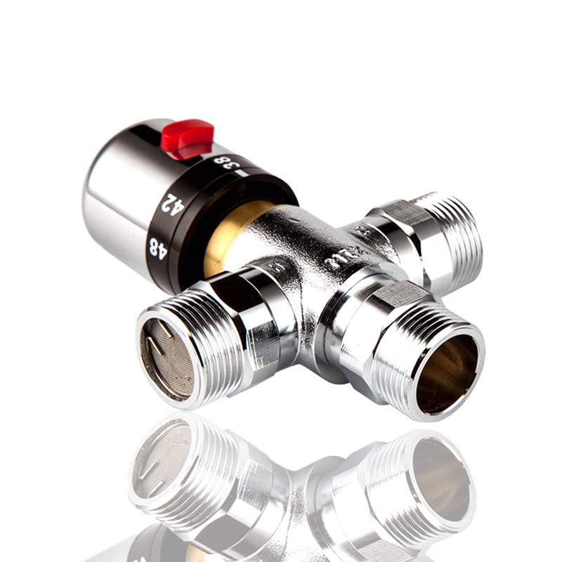 Válvula de mezcla termostática de 2 piezas, válvula termostática de latón sólida de 19,8 mm 3 vías de la válvula de mezcla de agua del agua Tubo Termostato Control de termostato Plata