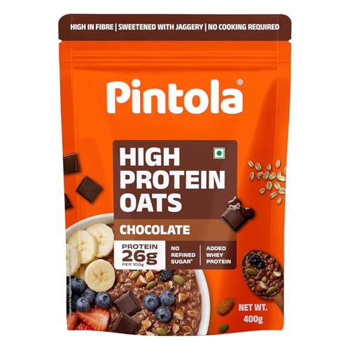 Image of PINTOLA 26g High Protein Oats 400g, Dark Chocolate, No Refined Sugar, with Almonds, Raisins, Pumpkin & Chia Seeds, 9.6g Fibre, Rolled Oats for Weight Loss, Breakfast Cereals | Gluten Free