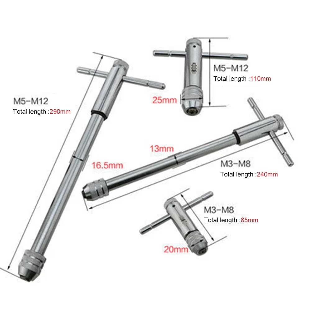Llave de Macho de Roscar con Trinquete y en T Ajustable, Soporte Manual, Llave de Escariador, Macho de Roscar en Forma de T Métrico, M3-M8, M5-, Roscado Manual