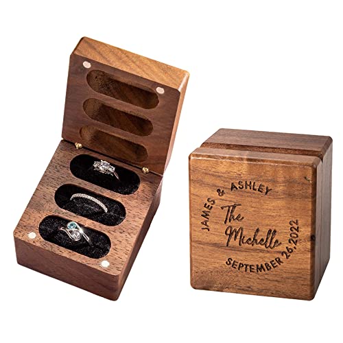 Custom Ring Box for Wedding Ceremony Birthday Engagement Ring Box for Proposal Bearer Box Walnut Storage Wooden Box Wood Ring Holder for 3 Rings Rustic Triple Flip Jewelry Ring Boxes Organizer
