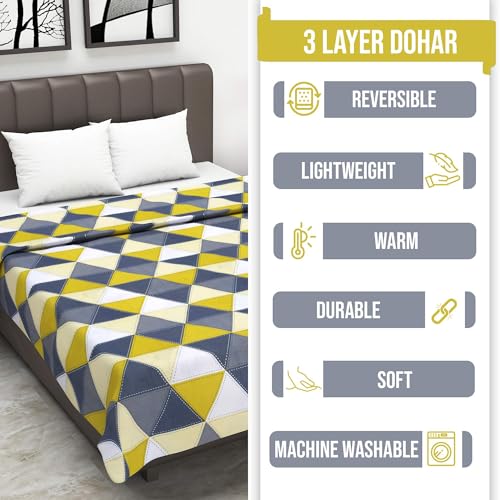 Image of Divine Casa Glace Cotton 120 GSM Reversible Lightweight Malmal Printed Double Bed AC Dohar Blanket for Mild Winter -(Grey and Yellow, 205 x 220, CM)| TC - 120