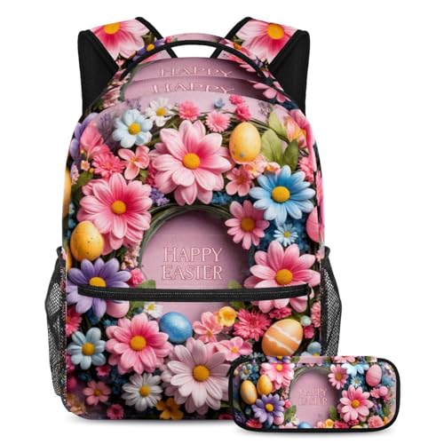 Sac à dos avec trousse rose Happy Easter pour étudiants et ados