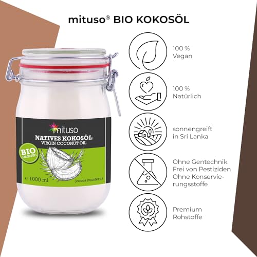 mituso Bio Kokosöl, nativ, 2er Pack (2 x 1000 ml) im Bügelglas