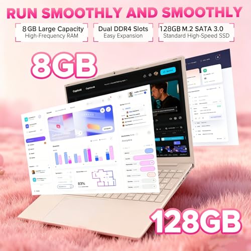 Image of Auusda Lightweight Portable Pink Laptop, 4C4T-Processor, 15.6 inch FHD IPS, Backlit Keyboard, Privacy Camera, Fingerprint Reader, Win 11 Pro, USB 3.0, HDMI, for Business Work Study, 8GB RAM 128GB NVMe SSD