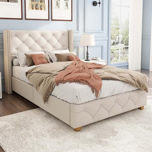 PUGSDRLY Lit 90x200 avec Sommier à Lattes,Lit 1 Place avec Tête Capitonné,Tissu de Lin,Design Rivets,Pieds en Bois,pour Enfant Adolescent Adulte,sans...