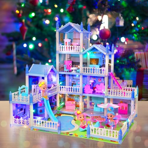 Image of AmiDear Dollhouse with 4-Story 11 Rooms, Dream Gift Princess Doll House Playset with Furniture, Blue Toddler House with Pool Slide for 3 4 5 6 7 8 9 10 Year Old Girls Kids