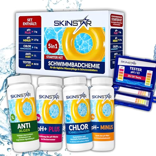 Pool Starter Set 5in1 Schwimmbadchemie - Chlor-Granulat pH-Plus & pH-Minus Anti-Algen Teststreifen - Komplettset zur Wasserpflege für klares Poolwasser