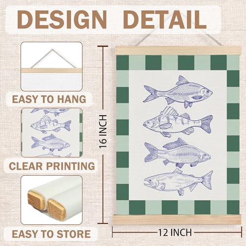 Image of PQKIY Green Plaid Coastal Beach Fish Wall Art Decor,Ocean Room Decor,Vintage Blue Fish Nautical Wall Decorative for Bedroom Living Room Home,12x16 Inch