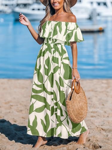 Image of CUPSHE Women Ruffle Floral Maxi Summer Dress Off Shoulder Short Sleeve Backless Flounce Bodice Slit Hem Beach Dresses