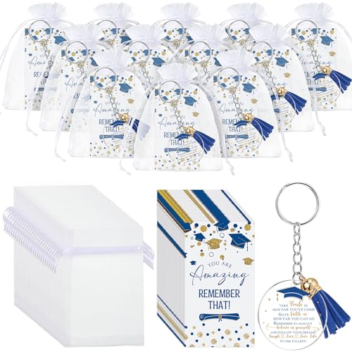 Inbagi 50 Sets Graduation Gifts Include 50 Class of 2025 Graduation Tassel Bracelets 50 Motivational Inspirational Cards 50 White Organza Gift Bag for Party Charm (Blue)