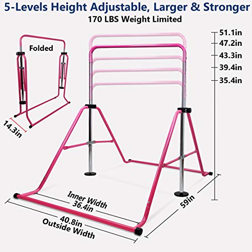 Gymnastics Bar for Kids with Swing Seat Set, Adjustable Height Folding Gymnastic Junior Training Bar Children Monkey Horizontal Bars - Max Load 170LBS(Pink)