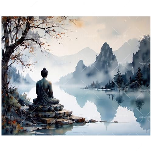 Meditation Paint by Numbers Kit for Adults - DIY Peaceful Buddha by Misty Lake Painting on Canvas 12x16In, Framed Acrylic Paint Set,Suitable for Beginners,Tranquil Art for Home Decoration/Gifts