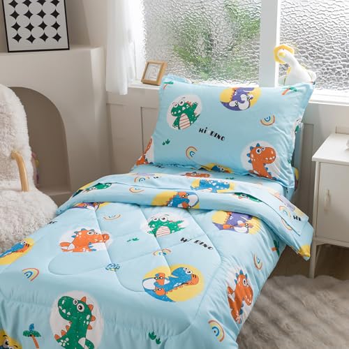 Image of Caressma 5 Pieces Comforter Set Bed-in-a-Bag Twin Size, Soft Brushed Microfiber Kids Comforter with Lovely Blue Dinosaurs Pattern, Includes Comforter, Fitted Sheet, Flat Sheet & Pillowcase & Sham