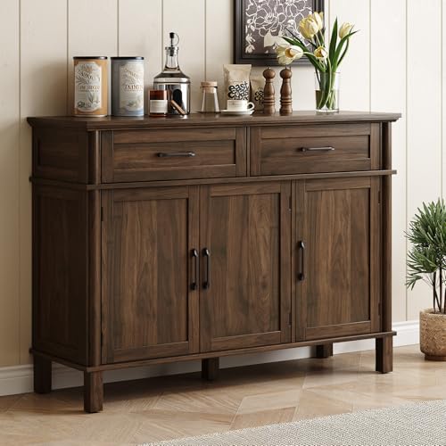 Image of ONBRILL 48 Inch Buffet Cabinet with Storage, Farmhouse Sideboard Buffet w /2 Drawers and 3 Doors, Wood Coffee Bar Cabinet with Adjustable Shelves, Sideboard Storage for Kitchen, Living Room, Walnut