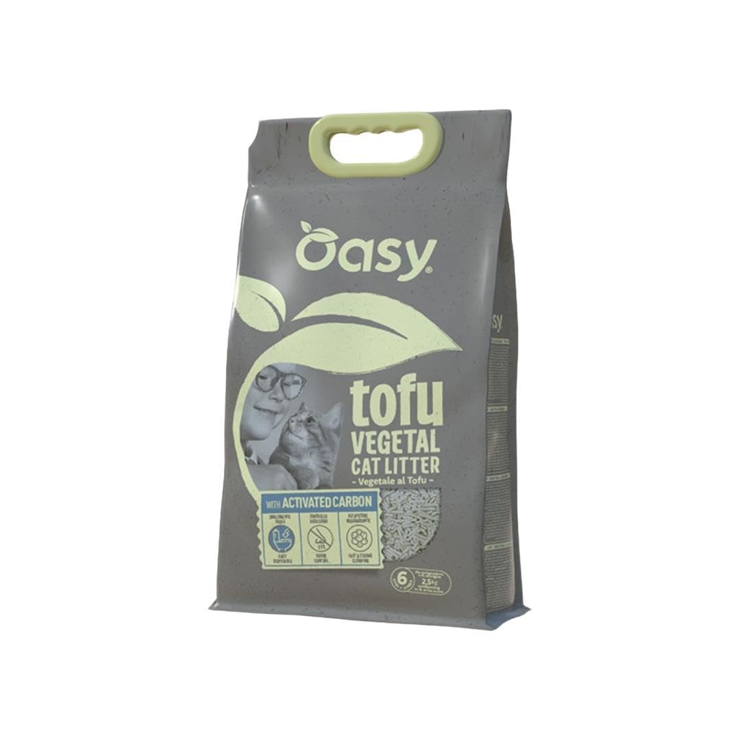 Litière pour chat végétale Oasy, litière en tofu végétal au charbon actif pour chats de tous âges et races, élimination facile, contrôle des odeurs, agglomérant | 1 lot de 6 l.