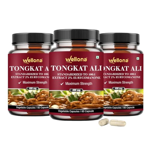 Image of Tongkat Ali Supplement Root Extract 400mg Capsules, 2% Eurycomanone Herbal Supplement for Men | Standardized to 100:1 | Maximum Strength (60 Veg Capsules) (Pack of 3)