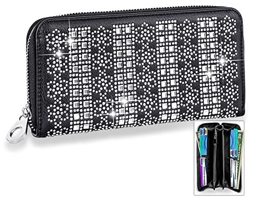 HANDBAG EXPRESS Bling Rhinestone Multi Design Accordion Wallets for Women Purse (7381-Black)