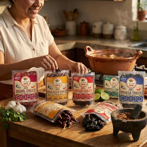 Dried Peppers 6 Pack Bundle - Ancho, Guajillo, Pasilla, Arbol, Chipotle, Cascabel (24oz Total). By Amazing Chiles & Spices