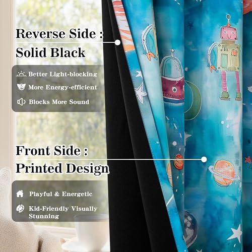 Image of MYSKY HOME Patterned Blackout Curtains 96 Inch Length Cartoon Galaxy Planets Printed Grommet Window Curtains Thermal Insulated for Kids Boys Girls Bedroom, Each Panel 52 inch W, Pack-2, Blue