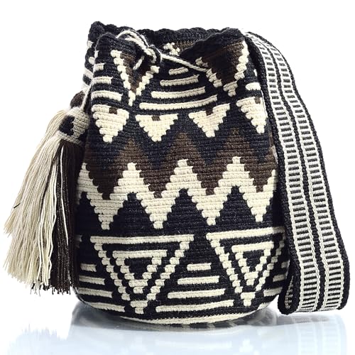 Wayuu Mochilas de crochê feitas à mão autênticas, colombianas, boêmias, coloridas, Pamplona, Medium