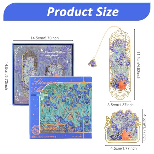 Image of Bookmark Gift Set of 2 Metal Bookmark and Page Clip, Artistic Floral Iris Embossed Hollow Design with Chain Charm, Premium Book Marker Gift for Readers, Students, Women and Men