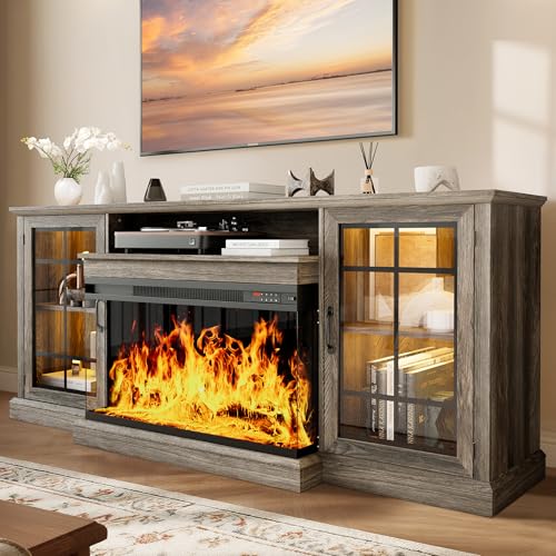oneinmil 80'' Fireplace TV Stand with 3-Sided Glass, TV Cabinet for TVs up to 85