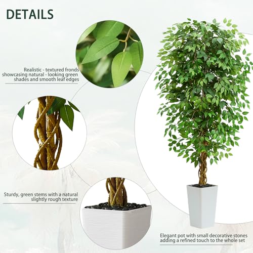Artificial Ficus Tree 6FT Faux Floor Tree with Planter UV Resistant Potted Fake Silk Plant - Indoor Outdoor Lifelike Fake Ficus Tree for Home, Living Room Bedroom Topiary Tree - Image 4