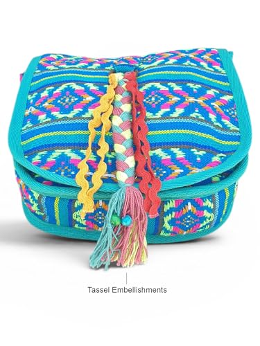 Image of The House of tara Ethnic Handloom Crossbody Sling Bag | Embellished with Tassels and Trims. Flap Closure Snap Button | Multicolour Crossbody Bag for Women | Handmade | Elegant Design