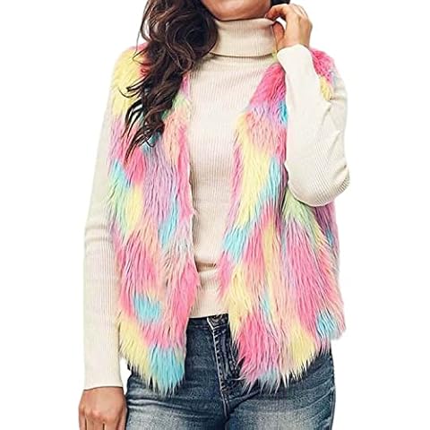 Handcess Damen Kunstpelz Weste Quadrat Regenbogen Rosa Kurzer ärmelloser Mantel Jacke Winter Warme Weste Outwear Cover