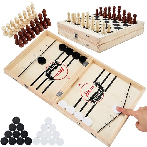HELLO PAPAYA Foldable Fast Sling Puck Game with Chess Board and Checkers Board Tic Tac Toe. Wooden Air Hockey Family Night Table Games Gifts for Adults and Kids
