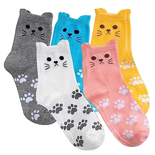 GWAWG 5 Pairs Women Socks Cat Animal Patterns Cotton Soft Sock Birthday Gifts for Women,Her,Mum,Sister,Girlfriend,Cat Lovers