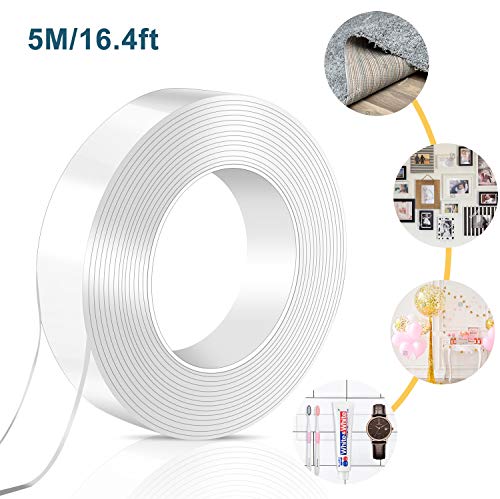 AJOXEL Ruban Adhésif Double Face Réutilisable, 5M Scotch Transparent, Lavable Bande Antidérapante Traceless Clear Nano Tape pour Mur, Tuile, Verre, Coller Cadres, Tapis, Cuisine