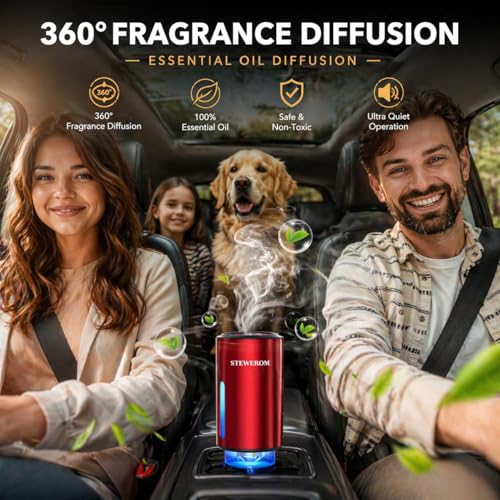Image of Car Air Freshener - Smart Adjustable 3-Speed Intensity, Rechargeable Humidifier Car Essential Oil Diffuser - Comes with 8 Bottles of 10ml Perfume (Red)