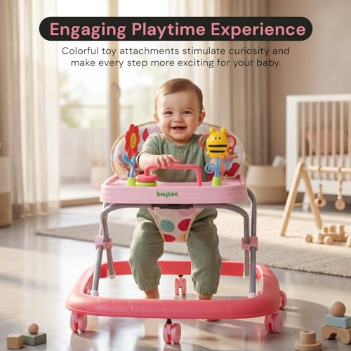Image of Baybee Stepzilla Baby Walker for Kids | Foldable Activity Walker with 3-Level Height Adjustment, Soft Cushion Seat, Smooth Wheels & Toy Bar | Baby Walker for 6-18 Months Boys & Girls (Pink)