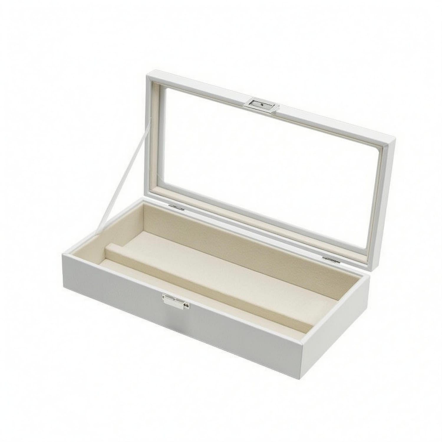 Transparent Lid Eyewear Display Case Metal Latch Glasses Storage Box, White Inner Beige-image-43